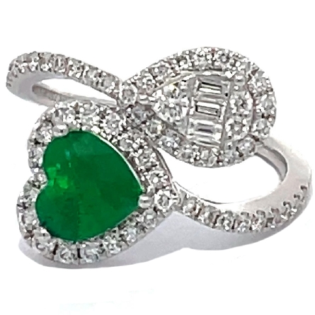 18K White Gold Bypass Heart and Pear Cluster Ring w/1 Columbian Emerald Heart=.90ct and 3Baguette Diams=.09ctw and 57 Round Diams=.47ctw VS-SI G-H Size6.5 w/Paperwork on Emerald #M5JR02
