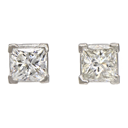 14K White Gold 4 V-Prong Princess Diamond Stud Earrings w/2Diams=2.03ctw VS1-SI1 I