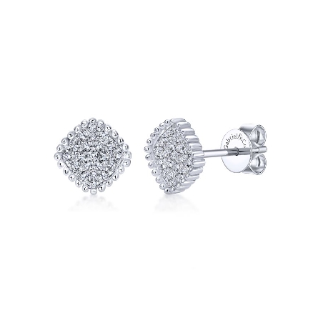 14K White Gold Square Pave Stud Earrings w/Diam...