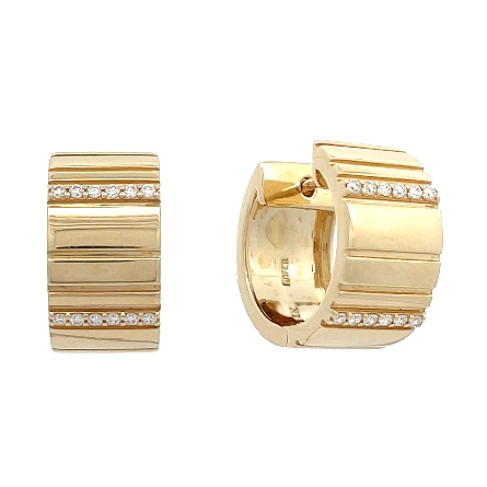 14K Yellow Gold Wide Ridged Hoop Earrings w/Dia...