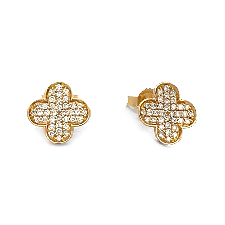 14K Yellow Gold Clover Post Back Earrings w/Dia...