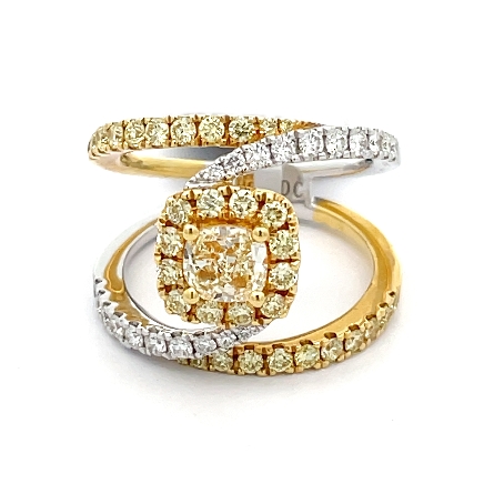 18K Yellow and White Gold Swirl Fashion Halo Ring w/1 Yellow Diam=.72ct Yellow Diams=.65ctw and Round Diamonds=.30ctw VS G-H Size 6.5 #RG24974