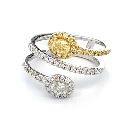 18K Yellow and White Gold 3 Row Bypass Halo Ring w/1 Yellow Oval Diam=.27ct 1 Oval Diam=.14ct Yellow Diams=.18ctw and Round Diamonds=.34ctw VS G-H Size 6.5 #RG28352