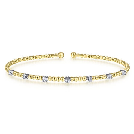 14K Yellow and White Gold 6inch Bujukan Bead Diamond Stations Cuff Bangle Bracelet w/Diams=.21ctw SI2 H-I #BG4436-65M45JJ (S1676363)