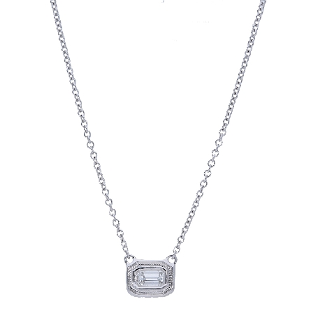 14K White Gold 16inch Single Milgrain Bezel Necklace w/Emerald-Cut Diam=.24ctw SI2 G-H #PO19-115-1B