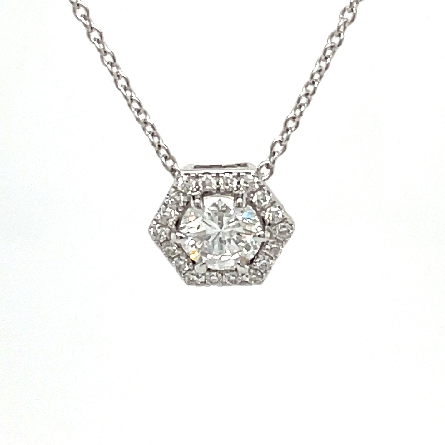 14K White Gold 16-18inch Hexagon Halo Necklace w/1Round Diam=.81ct I1 H-I and Diams=.13ctw SI G-H #RMT1097B