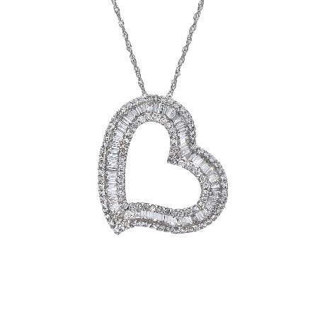 18K White Gold Heart Necklace w/Baguette and Round Diams=1.74tw SI H-I on 18inch Chain #P-1974-A (L4681)
