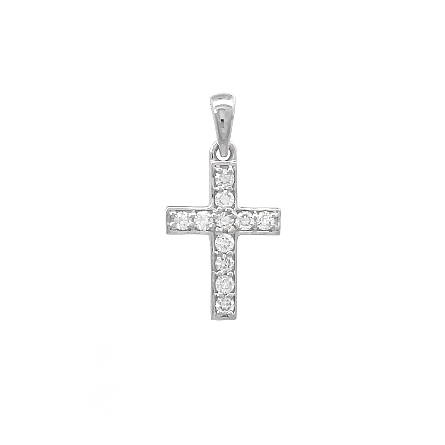 14K White Gold Bead Set Shared Prong Cross Pend...