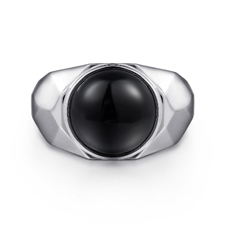 Sterling Silver Gabriel Mens Faceted Stone Signet Ring w/Onyx=5.55ct Size 10 #MR52062SVJOX (S1636136)