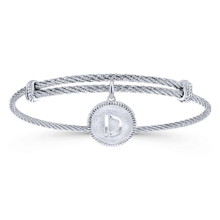 Sterling Silver and Stainless Steel Adjustable Bangle with Dangle Cutout Initial D Disc Charm #BG3632D-MXJJJ (S1637907)