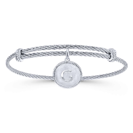 Sterling Silver and Stainless Steel Adjustable Bangle with Dangle Cutout Initial G Disc Charm #BG3632G-MXJJJ (S1637905)
