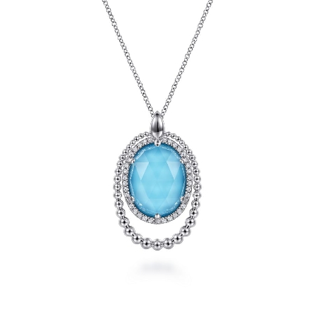 Sterling Silver Gabriel Bujukan 17.5inch Oval Beaded Halo Necklace w/Rock Crystal Quartz and Turquoise Doublet=8.61ctw and White Sapphire=.21ctw #NK6543XTXVJMC (S1372030)