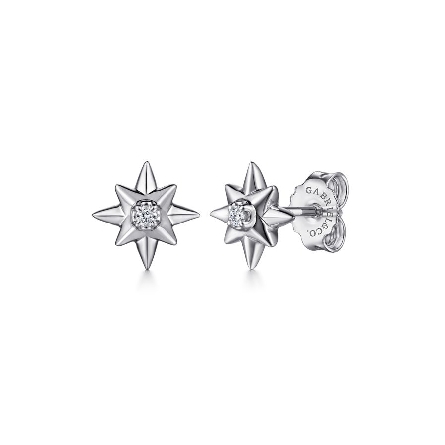 Sterling Silver Star Stud Earrings w/Diams=.03c...