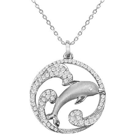 Sterling Silver Dolphin Pave CZ Wave Pendant on...