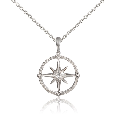 Sterling Silver CZs Compass Pendant on 18-19inc...
