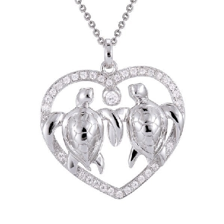 Sterling Silver CZs Swimming Love Turtles Heart...