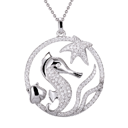 Sterling Silver CZ Seahorse and Shells in Circl...
