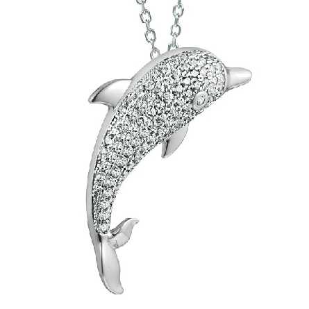 Sterling Silver Pave CZ Dolphin Pendant on 18-1...