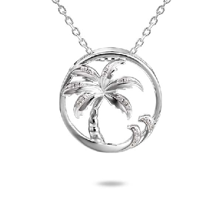 Sterling Silver CZs Palm Tree in Circle Pendant...