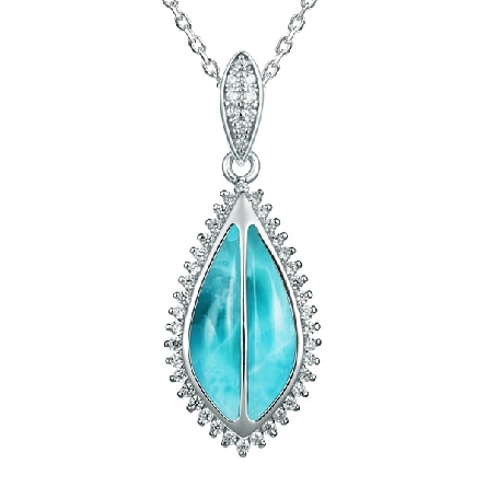 Sterling Silver Larimar and CZ Maile Pendant on...