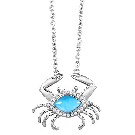 Sterling Silver 18inch Larimar and CZ Blue Crab Necklace Alamea#595-85-01