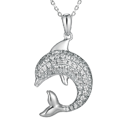 Sterling Silver Pave Dolphin Pendant on 18-19in...