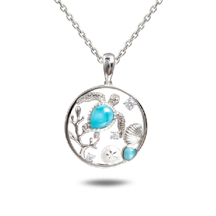 Sterling Silver Larimar and CZ Turtle in Circle...