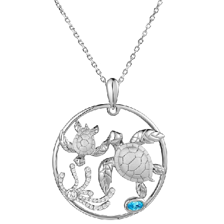 Sterling Silver Mom Baby Turtle Blue Topaz Pend...