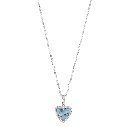 Sterling Silver Larimar and CZ Heart Pendant on...