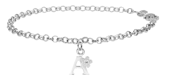 Sterling Silver 6.25inch  Dangle Diamond Flower Initial A Rolo Bracelet #3364-A