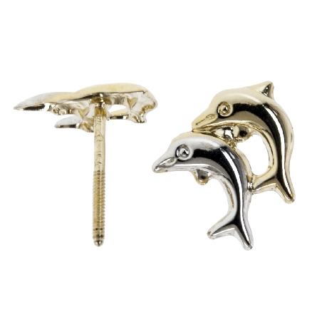 14K Two Tone Gold Childs Double Dolphin Screw B...