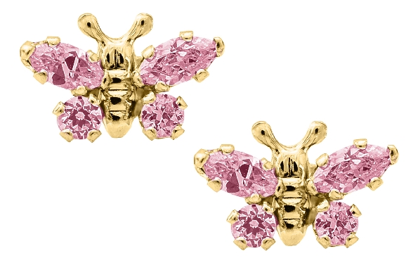 14K Yellow Gold Childs Pink CZ Butterfly Screw ...