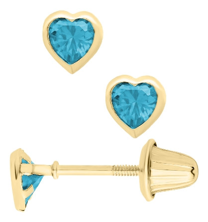 14K Yellow Gold Childs Turquoise-Blue CZ March Birthstone Bezel Heart Screw Back Earrings #GE43312