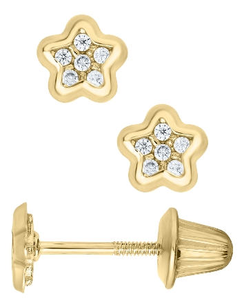 14K Yellow Gold CZ Star Screw Back Earrings #GE481