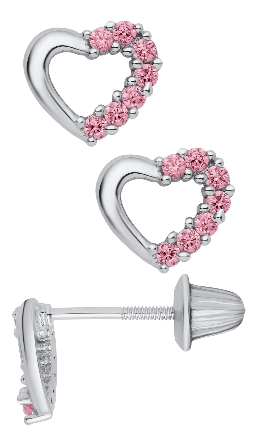 Sterling Silver Childs Pink CZ Open Heart Screw...