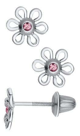 Sterling Silver Childs Pink CZ Flower Screw Bac...