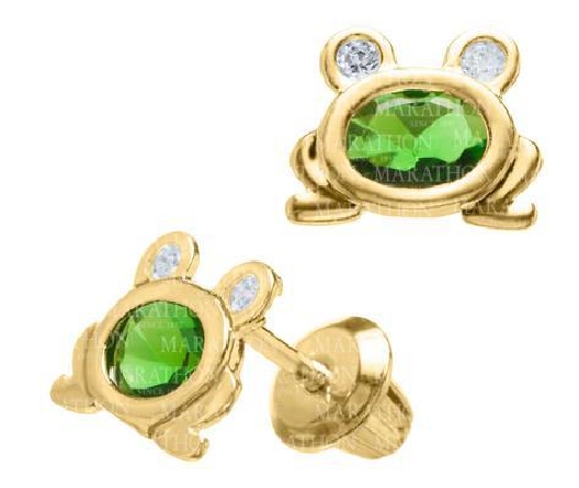 14K Yellow Gold Childs Green and White CZ  Bezel Frog Screw Back Earrings #GE468