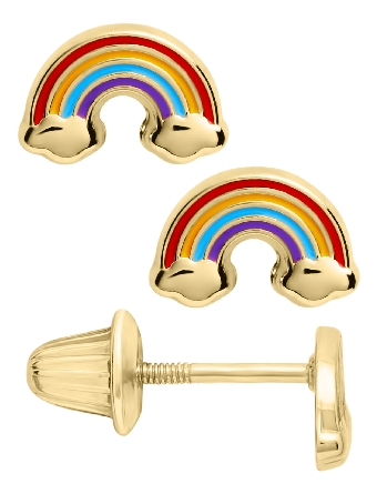 14K Yellow Gold Childs Enamel Rainbow Screw Back Earrings #GE528
