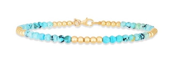 14K Yellow Gold 7inch 3.5mm Turquoise Beads Pal...