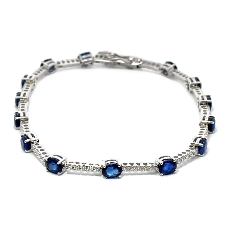 18K White Gold 7inch Oval Shape and Round Tennis Bracelet w/Blue Sapphire=4.56ctw and Diams=.49ctw SI G-H #BR01590 (128855)