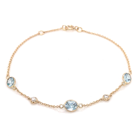 14K Yellow Gold 6.5-7inch Adjustable Oval and Round Bezels Bracelet w/3Aquamarine=.90ctw and 2Diams=.07ctw #55924AQ1