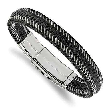 Stainless Steel 8-8.5inch Adjustable Polished Black Leather with Wire Bracelet #SRB1930