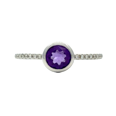 14K White Gold Round Bezel Stackable Ring w/1 Amethyst=.43ct and Diams=.05ctw VS-SI G-H Size6.5 #PR2749DA