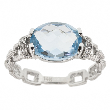 14K White Gold Florentine Square Link Shank Ring w/Blue Topaz=2.83ct and 12Diams=.06ctw Size 6.5 #RG29371-W4BT