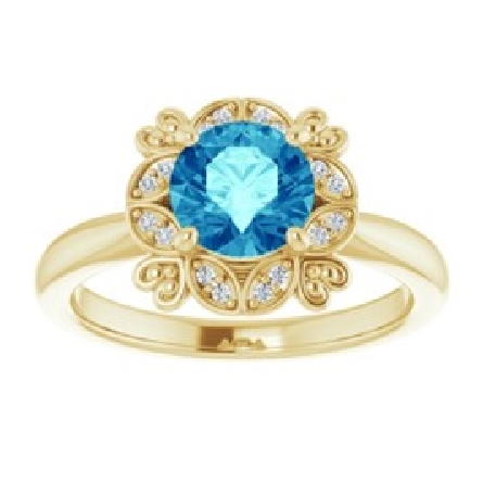 14K Yellow Gold Floral Halo Ring w/Blue Zircon=...