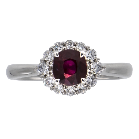 18K White Gold Round Halo Ring w/Ruby=1.16ct an...