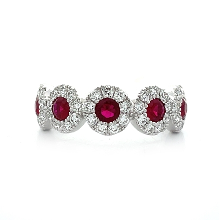 18K White Gold 5 Round Halo Ring w/Rubies=.77ct...