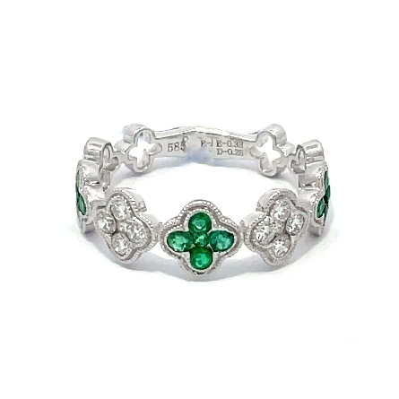 14K White Gold Milgrain Clovers Band w/Emerald=.33ctw and Diams=.24ctw SI G-H Size 6.5 #RG24034