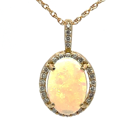 14K Yellow Gold Oval Halo Pendant w/Opal=1.74ct and 26Diams=.23ctw SI H-I on 18inch Chain #29327