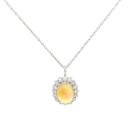 14K White Gold Oval Halo Pendant w/1 Opal=8.02c...